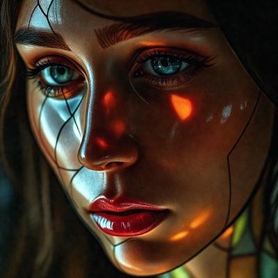 The primary subject of the image is a woman with a red lipstick on her lips. She is looking at the camera with a focused expression. The setting is a dark room, and the visual style appears to be a digital art or illustration. The colors in the image are predominantly red and orange, creating a bold and vibrant atmosphere.